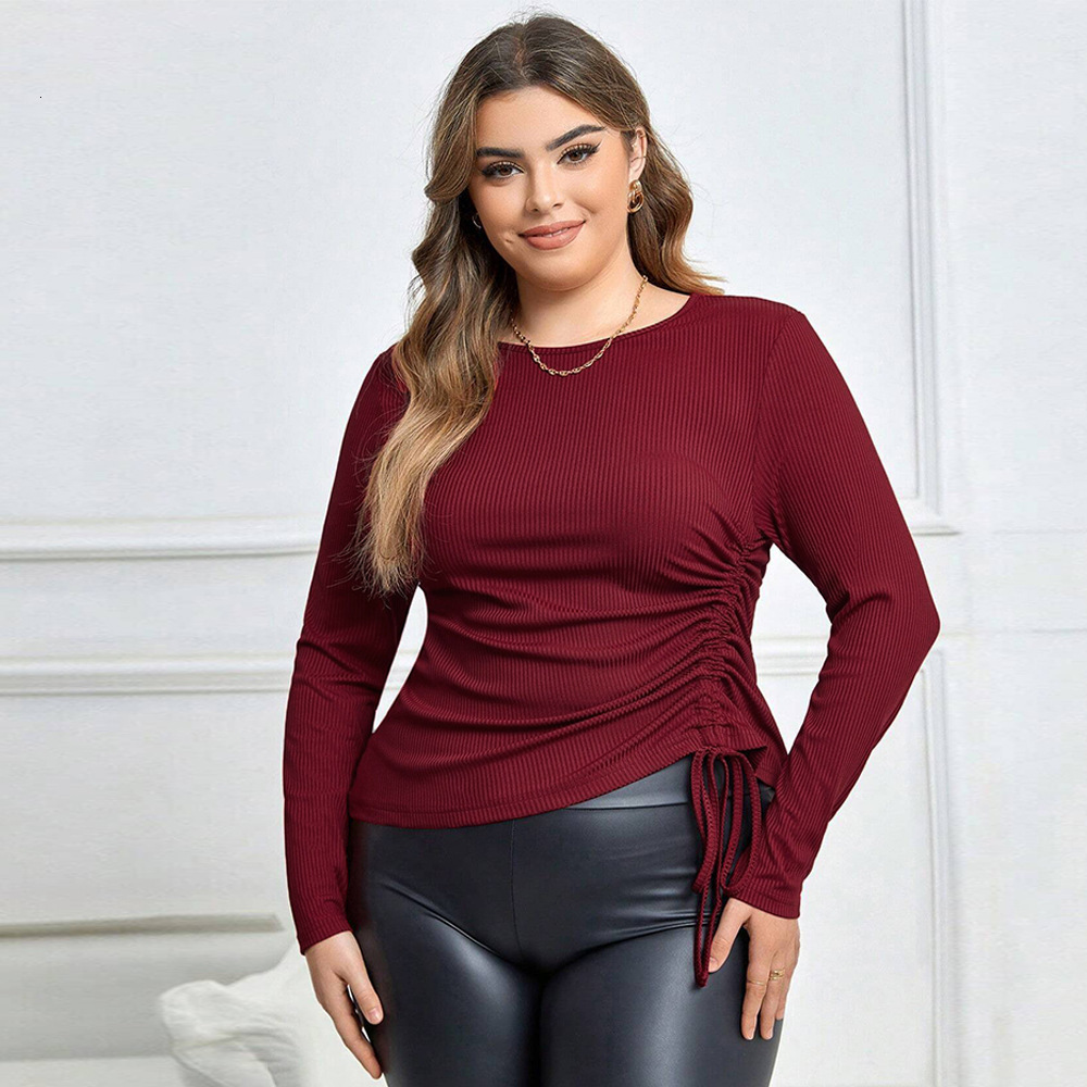 Large Size Womens Clothing Autumn and Winter New Item Slim Fit Drawstring Temperament Long Sleeved T-shirt Sexy Top Top