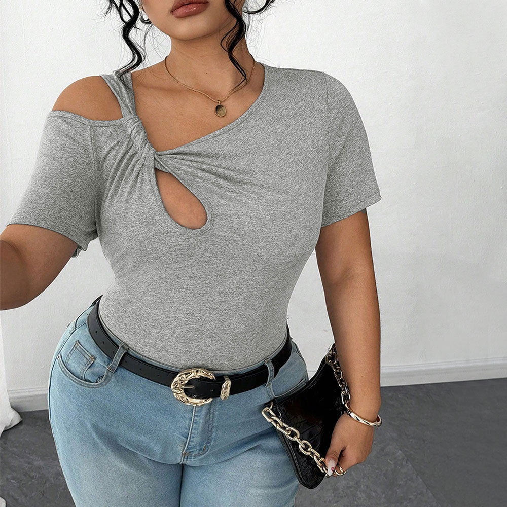 2025 Summer New Large Womens Fashion Simple T-shirt Twisted Design Irregular Short Top