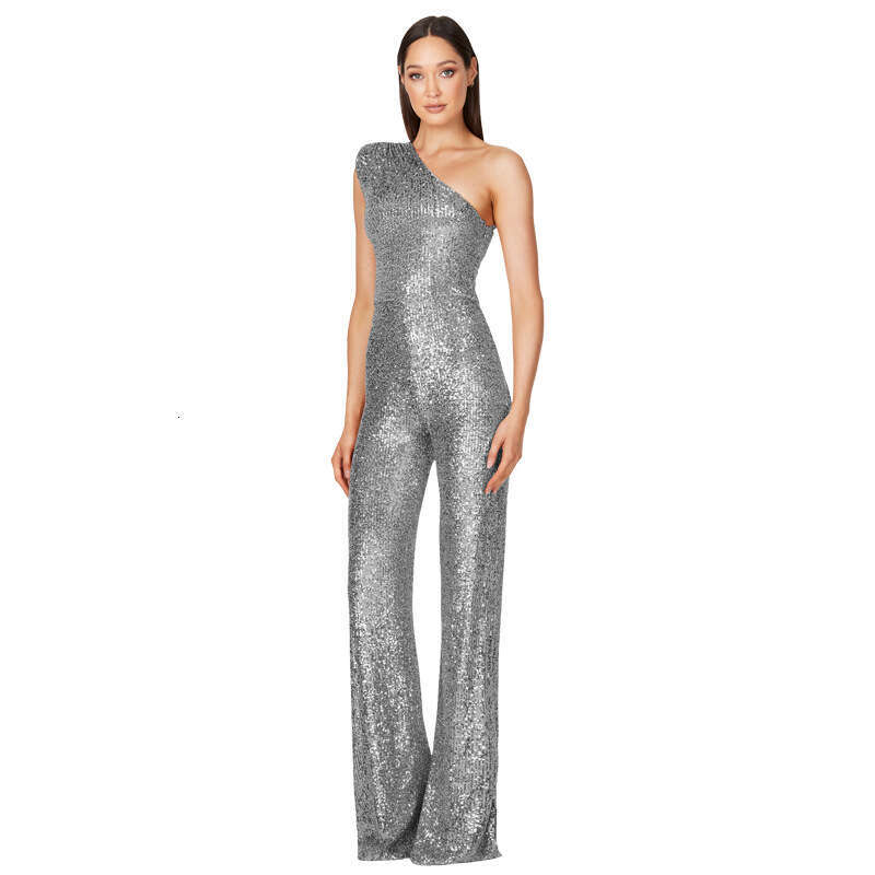 Wide Leg Jumpsuit INS Women S Sleeveless Summer Single Shoulder Sequined Jumpsuit For Women