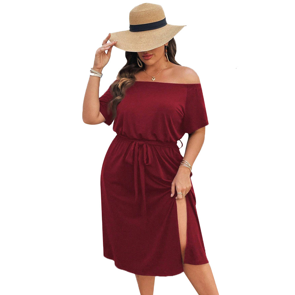 Plus Size Womens Vacation Style Red Dress Summer One Neck Beach Midi Skirt
