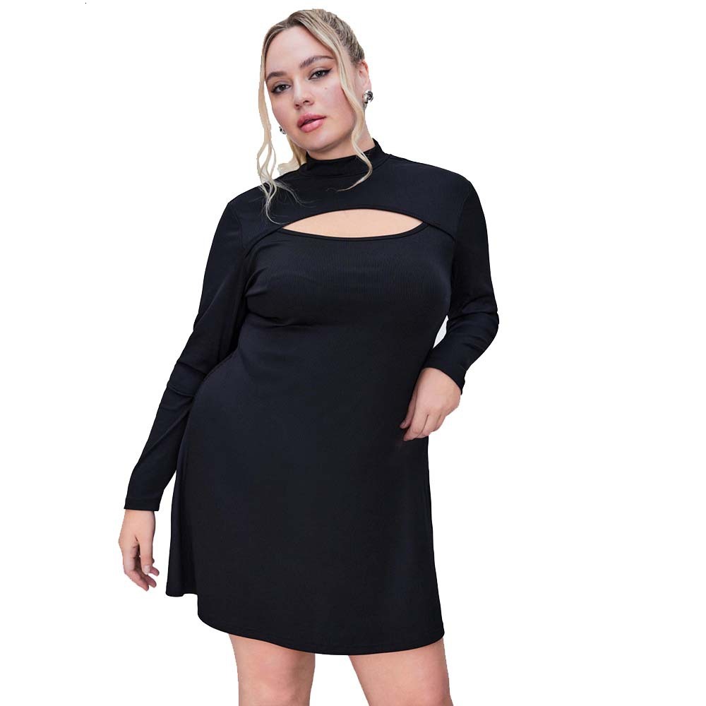 New Plus Size Womens Sexy Hollow Out Dress Autumn and Winter Slim Fit Long Sleeved A-line Short Skirt