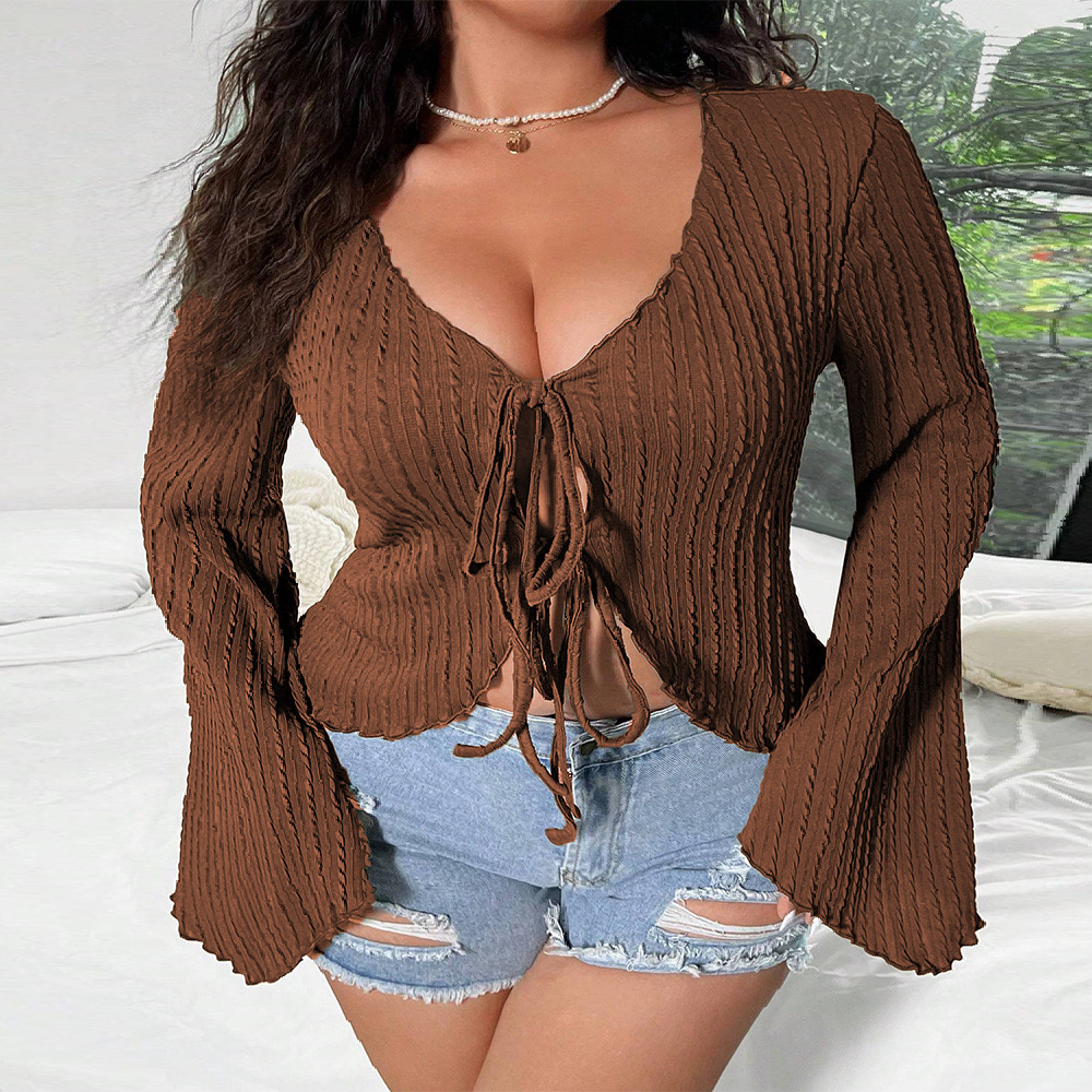 Large Size Womens Sexy Sweet and Spicy V-neck T-shirt Autumn and Winter New Item Trumpet Sleeve Slim Fit Lace Up Cardigan Top