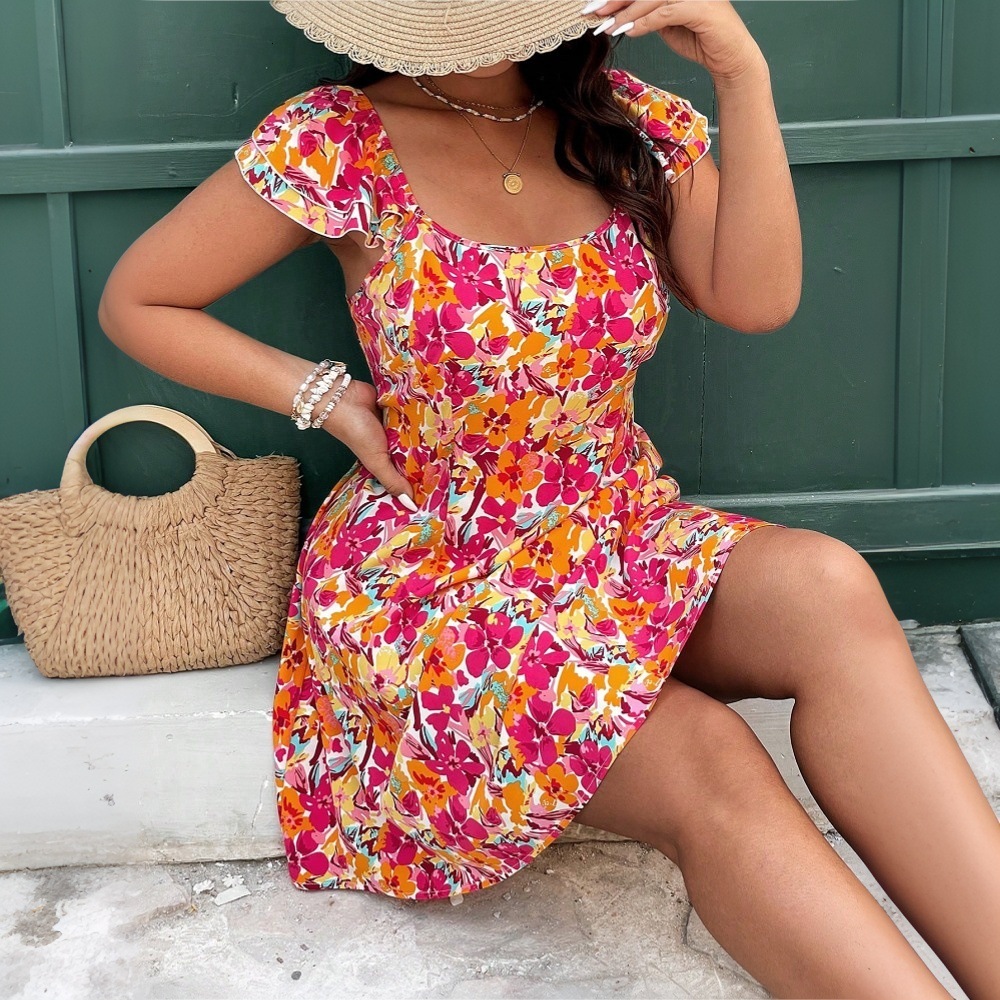 Plus Size Womens Vacation Style Floral Dress Summer Beach Short Skirt