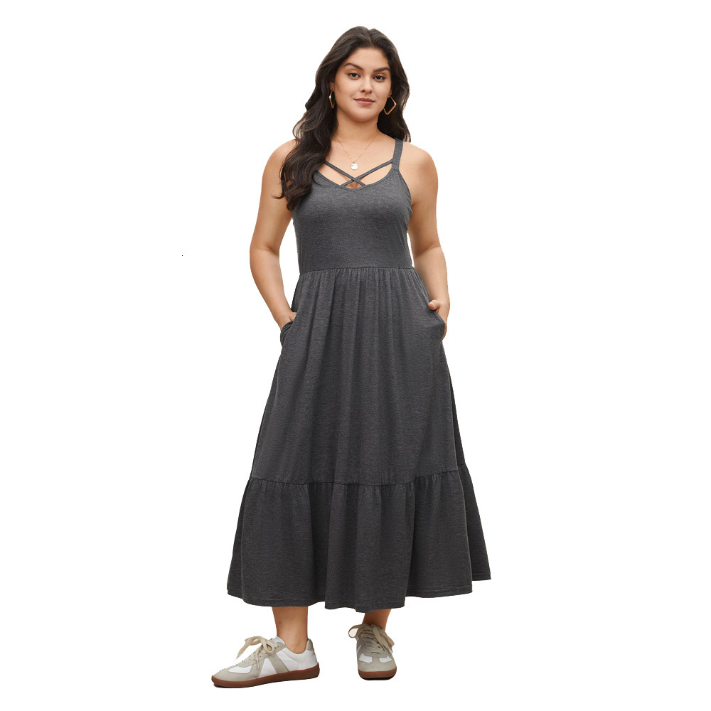 Plus Size Womens Loose Casual Vacation Waist Cinched Pocket Camisole Long Skirt Dress