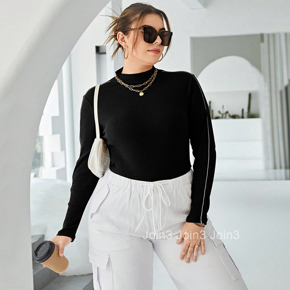 Large Size Womens Contrasting Knitted Sweater for Autumn and Winter with a Solid Color and High Neck and a Pit Stripe Top As the Base