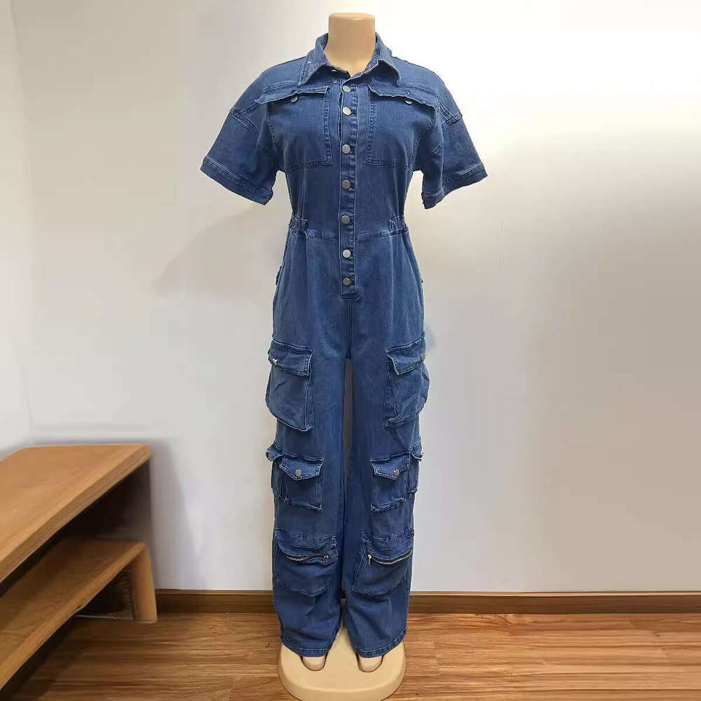 Wide Leg Jumpsuit New Women S Washed Water Work With Multiple Pockets And Button Denim Jumpsuit Short Sleeved Pants