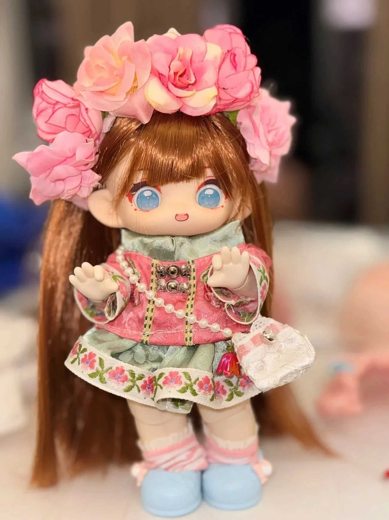 17cm Labubu Clothes Suit Chinese Sle Hanfu Flower Headwear Ancient Clothing Toys For 1/8 1/12 BJD 10cm Cotton Doll Gift Free shipping