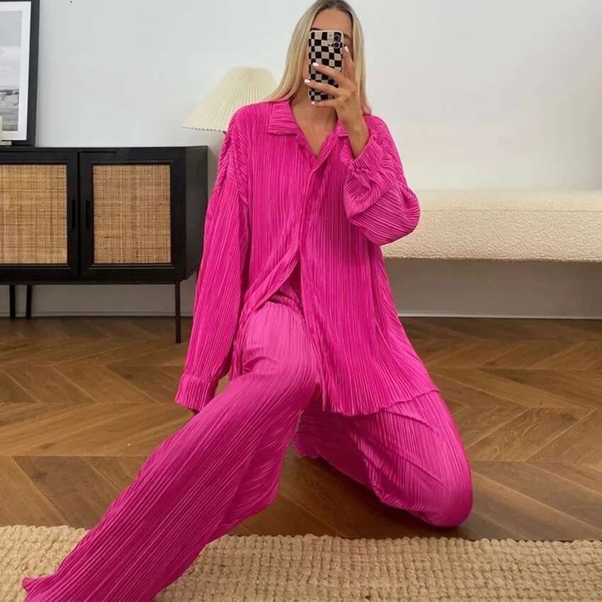 Street Women's Long Sleeve Shirt Tops and Wide Leg Pants Elegant Tracksuit Two Piece Set Sweatsuit Fiess Outfits