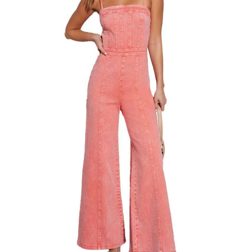 Instagram New Women Summer jumpsuit Cotton denim washed suspender slim fit high elastic micro flare pants