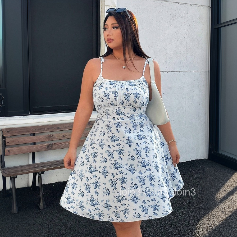 Large Size Womens 2025 Sexy Suspender Floral Dress Sleeveless High Waisted A-line Temperament Short Skirt