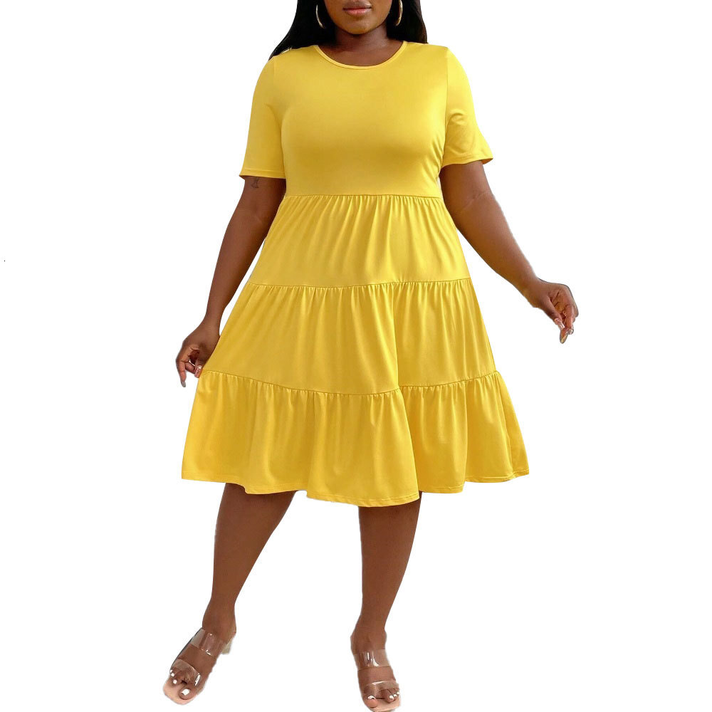 Plus Size Womens Elegant Yellow Dress Spring and Summer New Style Loose and Slimming Mid Length Skirt