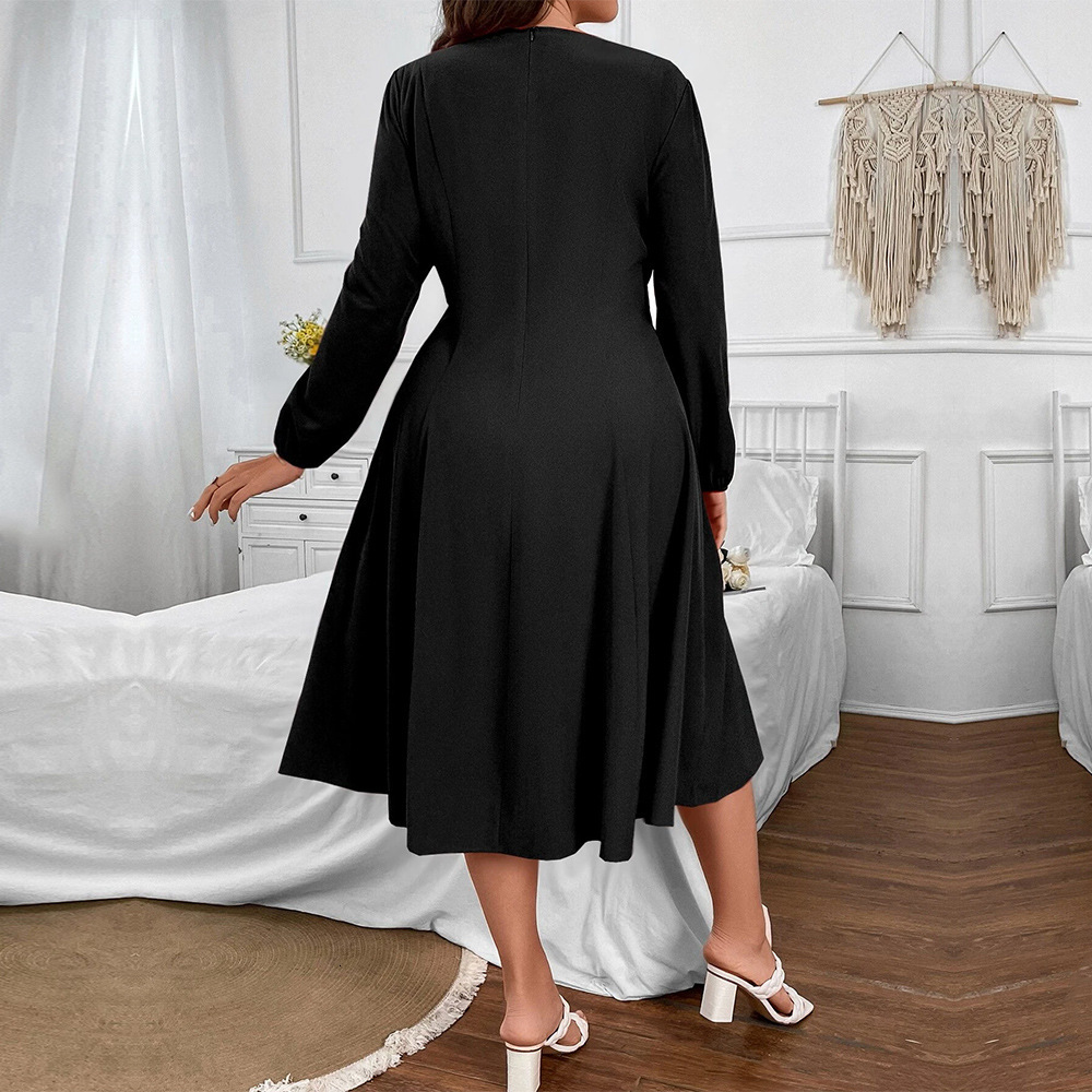 Large Size Womens New Square Collar Waist Slimming A-line Skirt Temperament Long Sleeved Dress