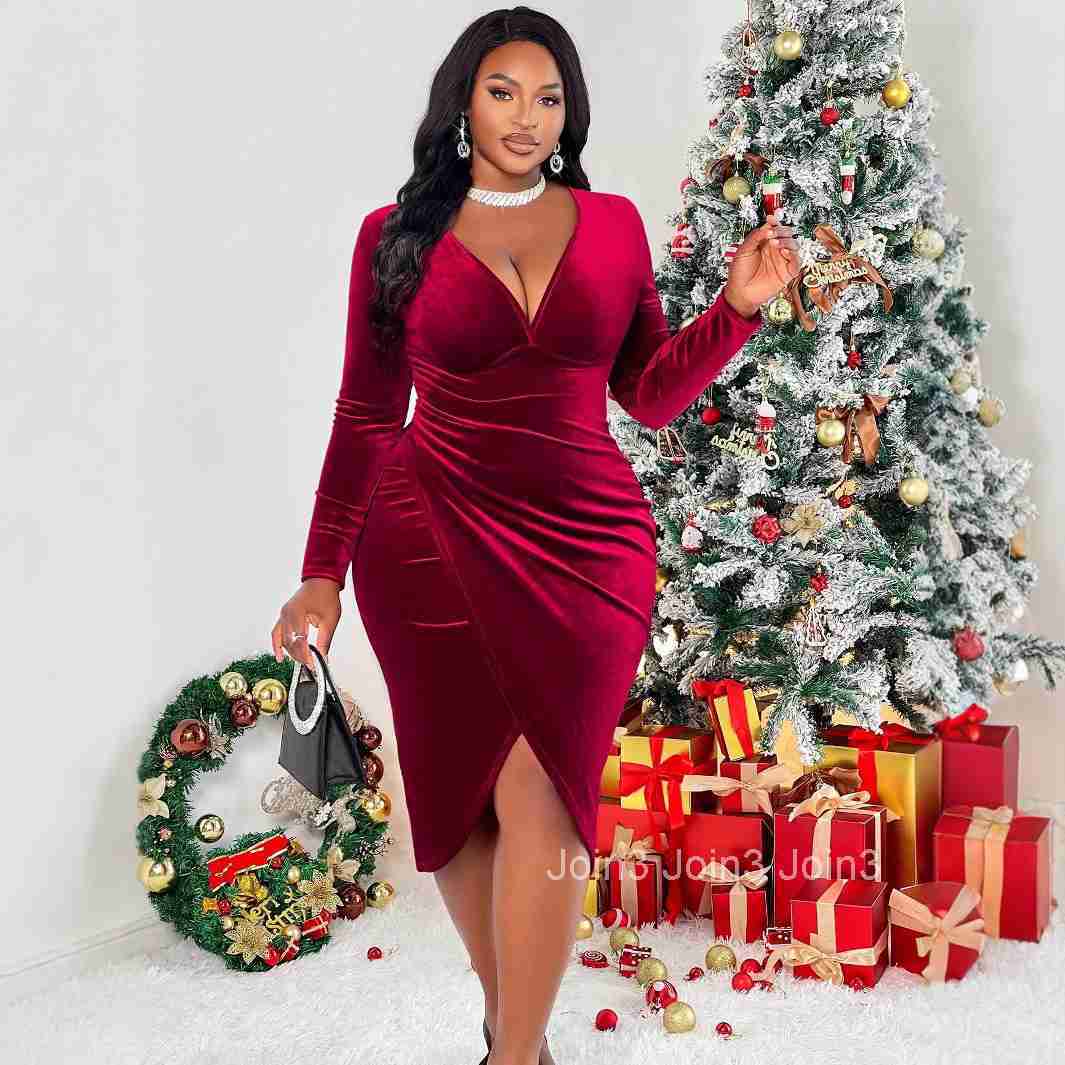 Autumn and Winter New Womens Sexy Socialite Style Dress V-neck Design with Wine Red Mid Length Skirt