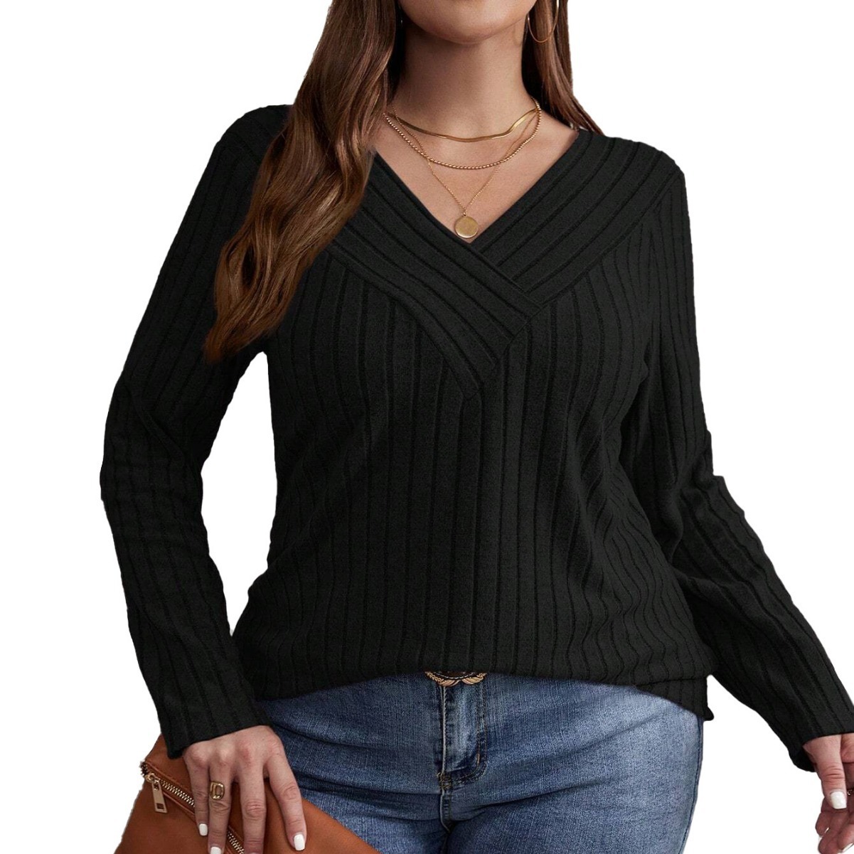 Plus Size Womens Commuting Simple Style T-shirt for Autumn and Winter Fashion Loose and Slimming Long Sleeved Inner Top