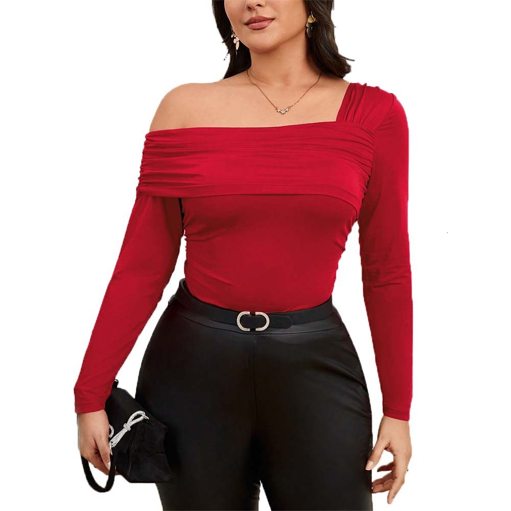 Oversized Womens Clothing Unique Design T-shirt Autumn and Winter Sexy Style Off Shoulder Short Red Top