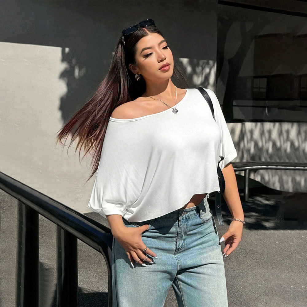 2025 Summer New Plus Size Womens Simple Casual Style T-shirt Round Neck Off Shoulder Half Sleeve Slimming Top