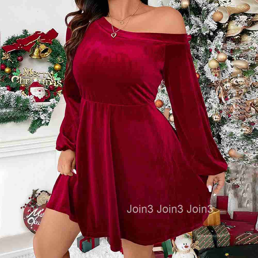 Oversized Womens Clothing Temperament Sexy Waistband A-line Dress Short Skirt One Shoulder Long Sleeved Velvet Dress