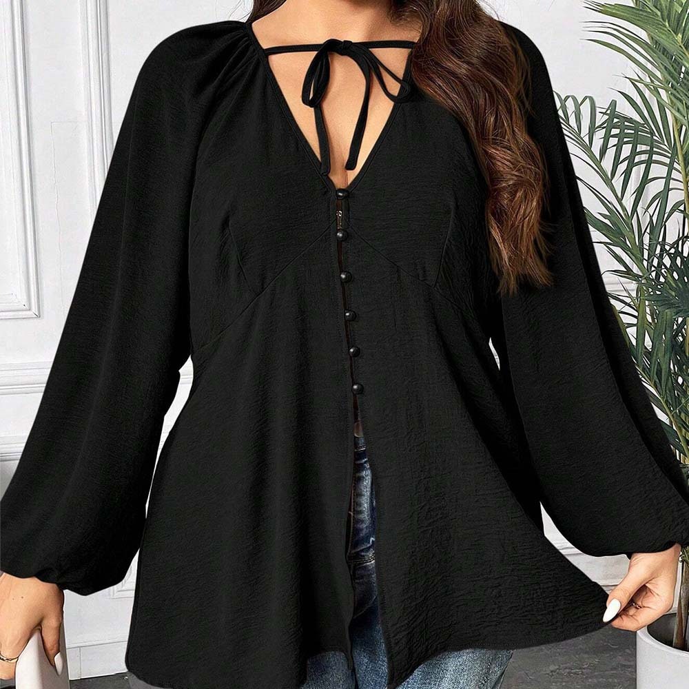 Plus Size Womens V-neck T-shirt Autumn and Winter Casual Commuting Style Loose Design Top