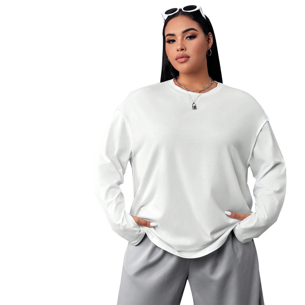 Plus Size Womens Round Neck Simple Style Hoodie for Autumn and Winter Loose and Slimming Comfortable Long Sleeved Top