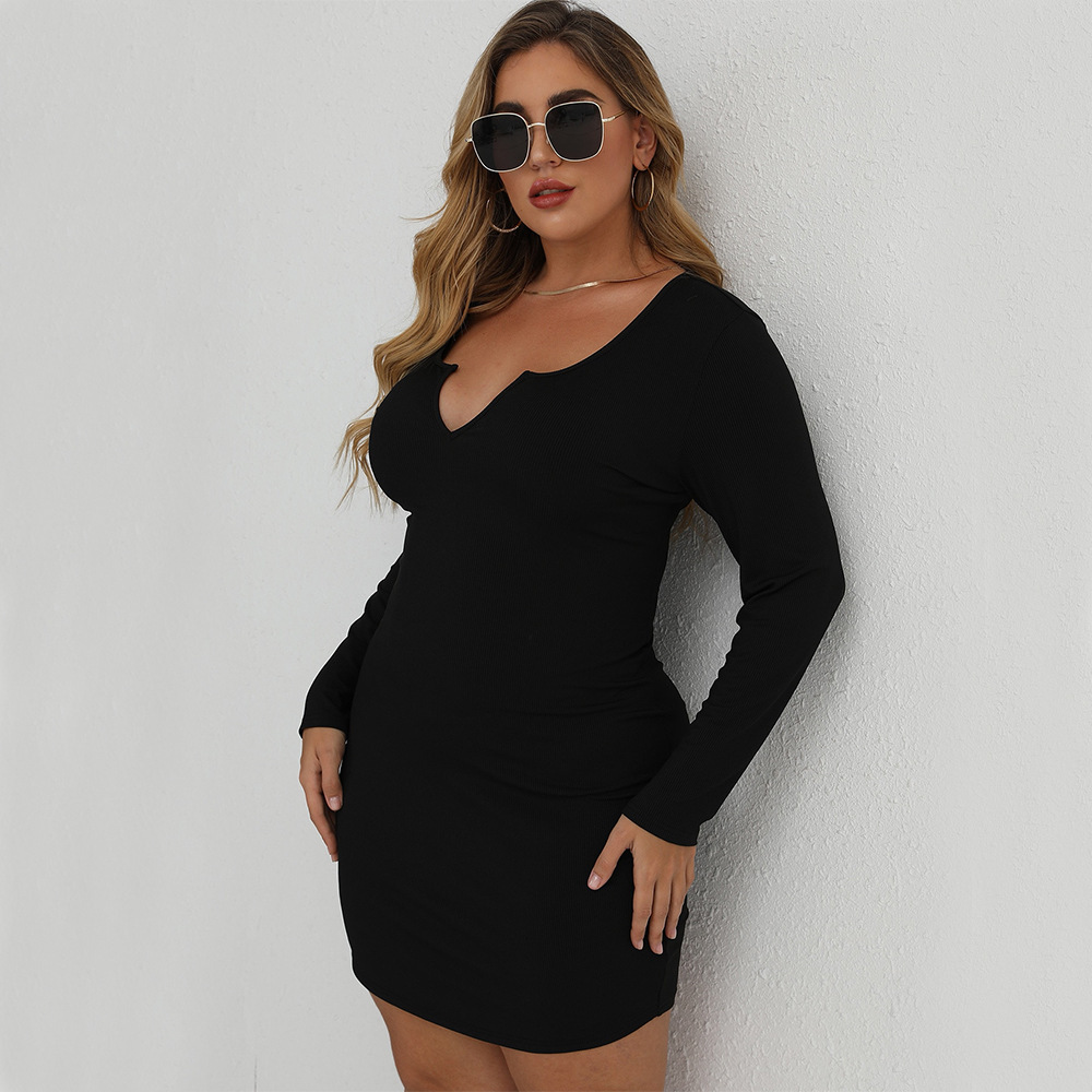 Large Size Womens Threaded Long Sleeved Pure Desire Sexy Knitted Short Skirt Slim Fit Waist Bag Hip Skirt Dress