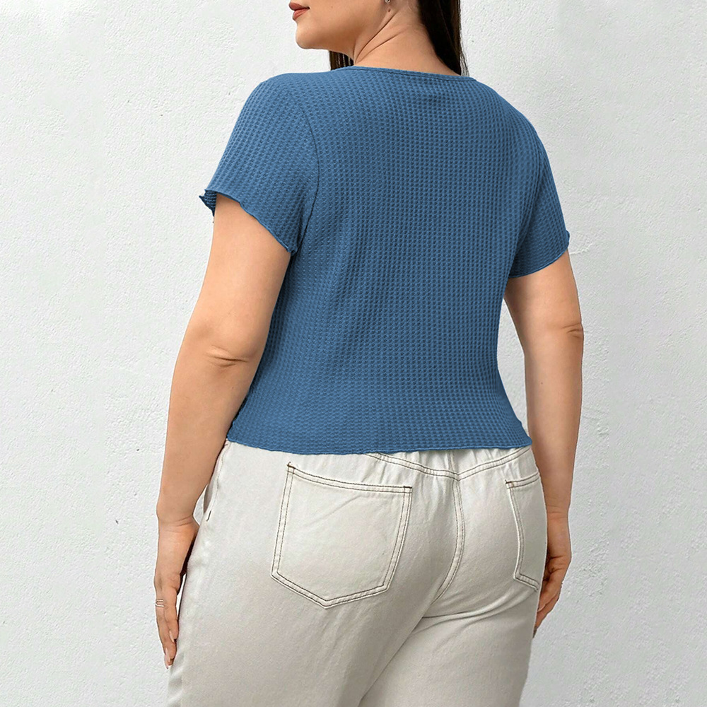 Plus Size Womens Waffle Breathable Slim Fit Temperament Solid Color T-shirt Top