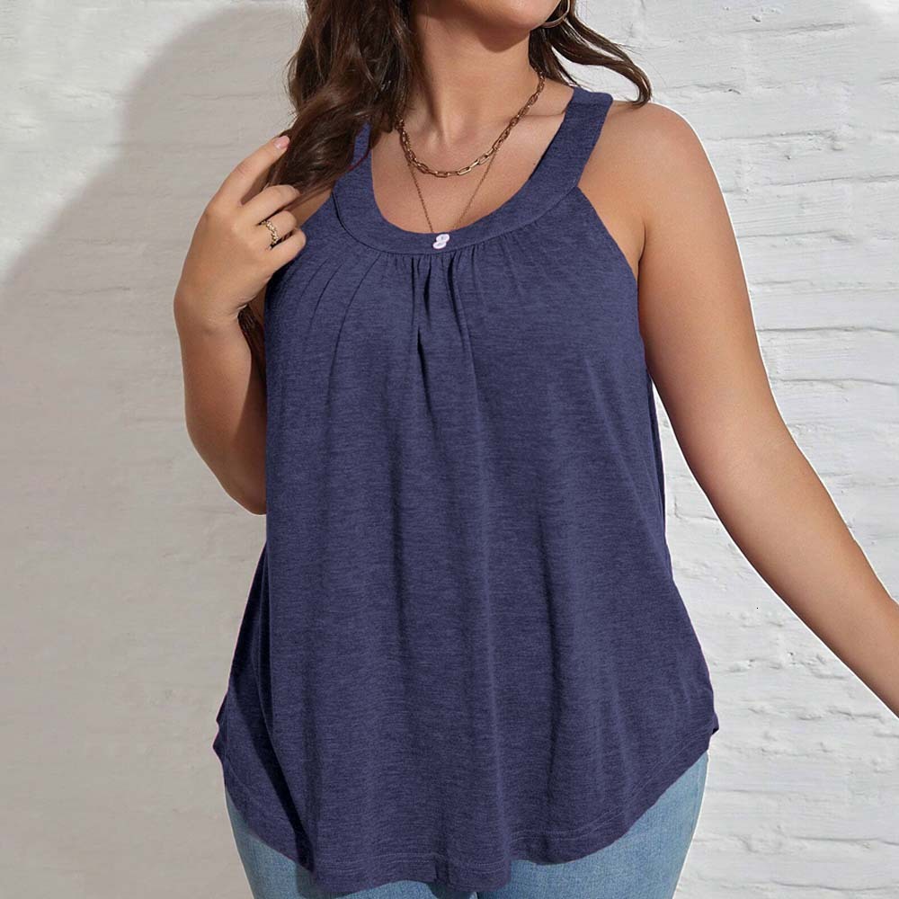 Large Size Womens Casual Style U-neck Sleeveless T-shirt Summer New Loose Solid Color Pullover Top