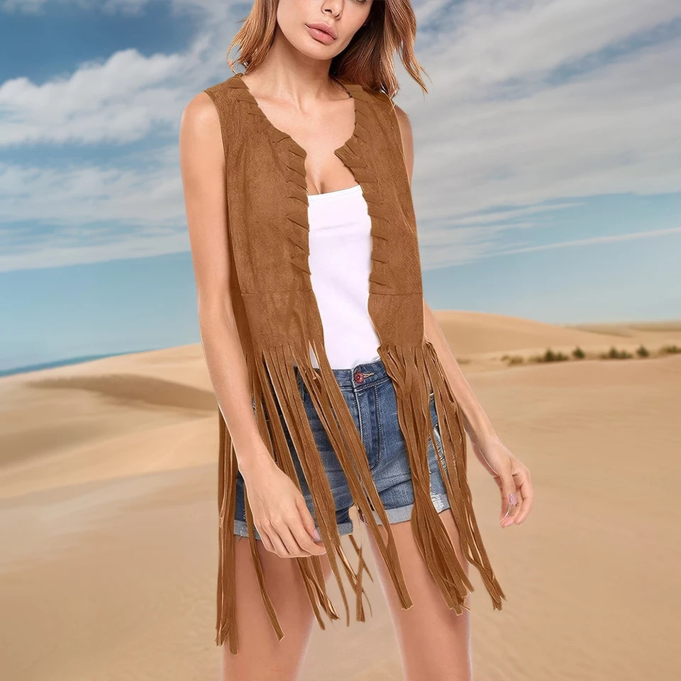 Womens Solid Boho Faux Suede Sleeveless Fringe Open Front Tank Vest Blazer Cardigan Tops Summer Holiday Desert Vacation Outwear 250506