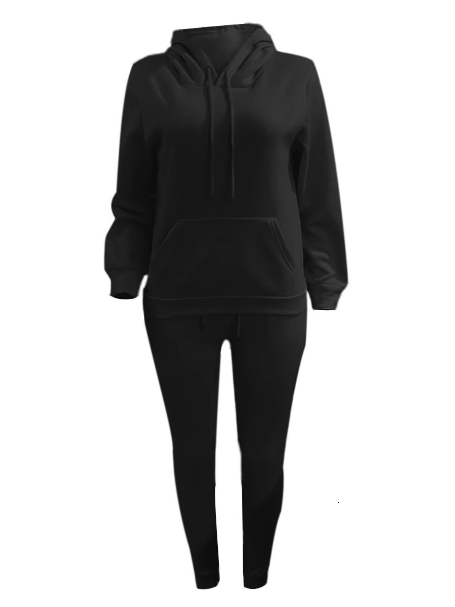 LW Plus Size Autumn winter Two pieces set Hooded Collar Kangaroo Pocket Tracksuit Set Trouser Pieces Matching Suits 250513Z