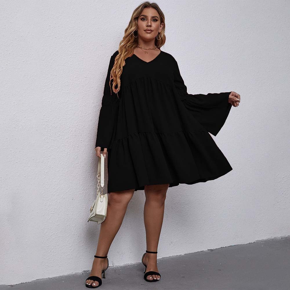 Plus Size Womens Elegant and Sweet Style Dress Autumn and Winter V-neck Loose Slimming Mid Length Skirt