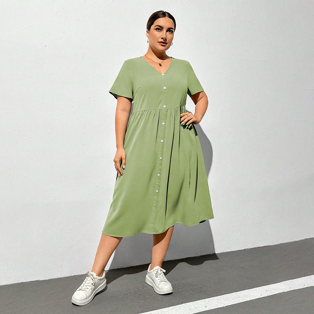 Spring/summer New V-neck Short Sleeve Knee Over Skirt Solid Color Loose High Waist Dress