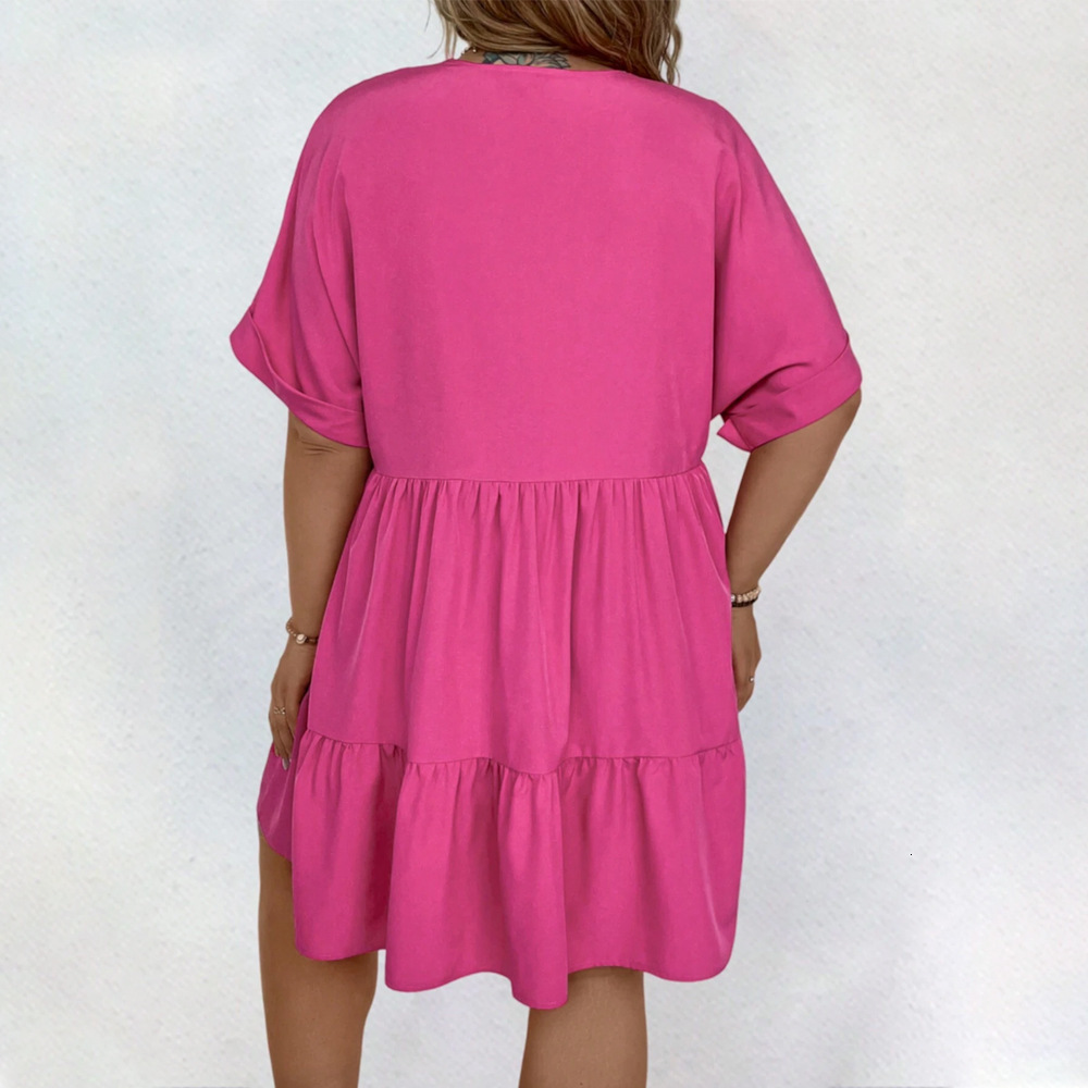 Sweet and Fresh Niche Mid Length Dress Spring New Item Solid Color V-neck Slimming Short Sleeved Dress
