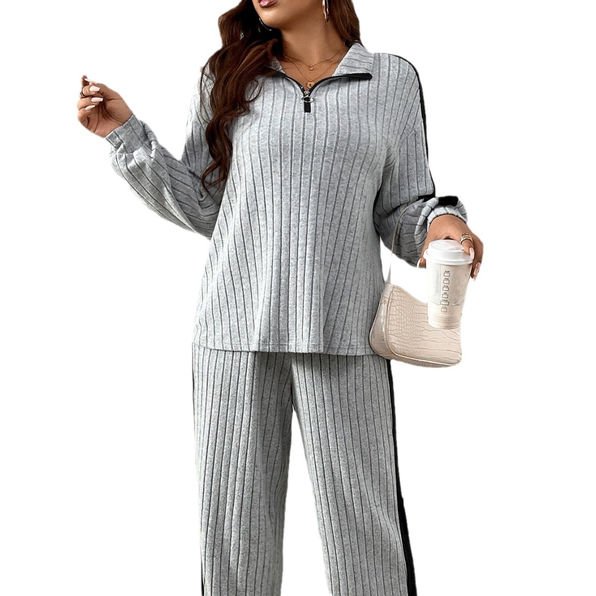 Large Size Womens Simple and Lazy Style Fashion Set for Autumn and Winter New Casual and Loose Color Matching Two-piece Set