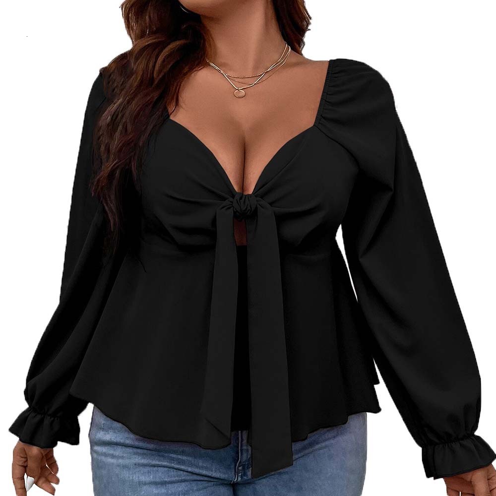 Plus Size Womens French Style Small Fragrance V-neck T-shirt Autumn and Winter Lantern Sleeves Design Sense Slimming Top