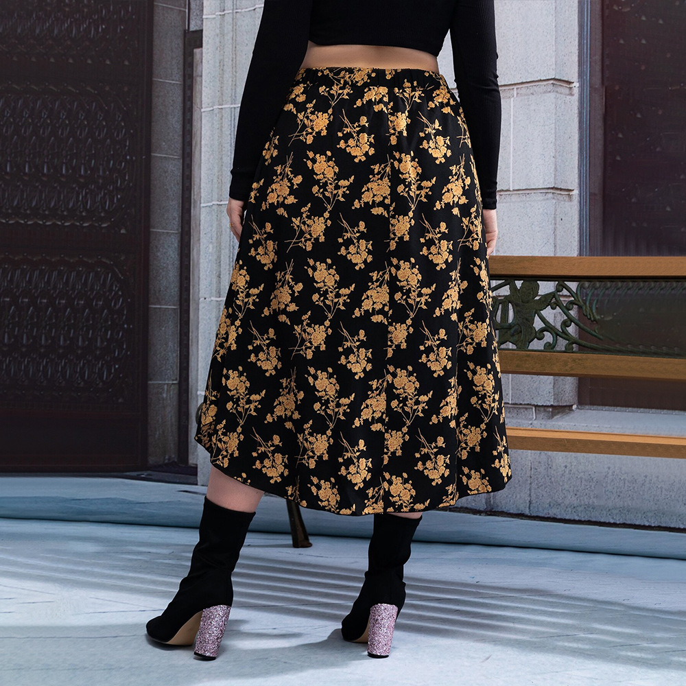 Large Size Womens Versatile Commuting Style Half Skirt with Autumn and Winter High Waist and Drooping Feeling Floral A-line Skirt