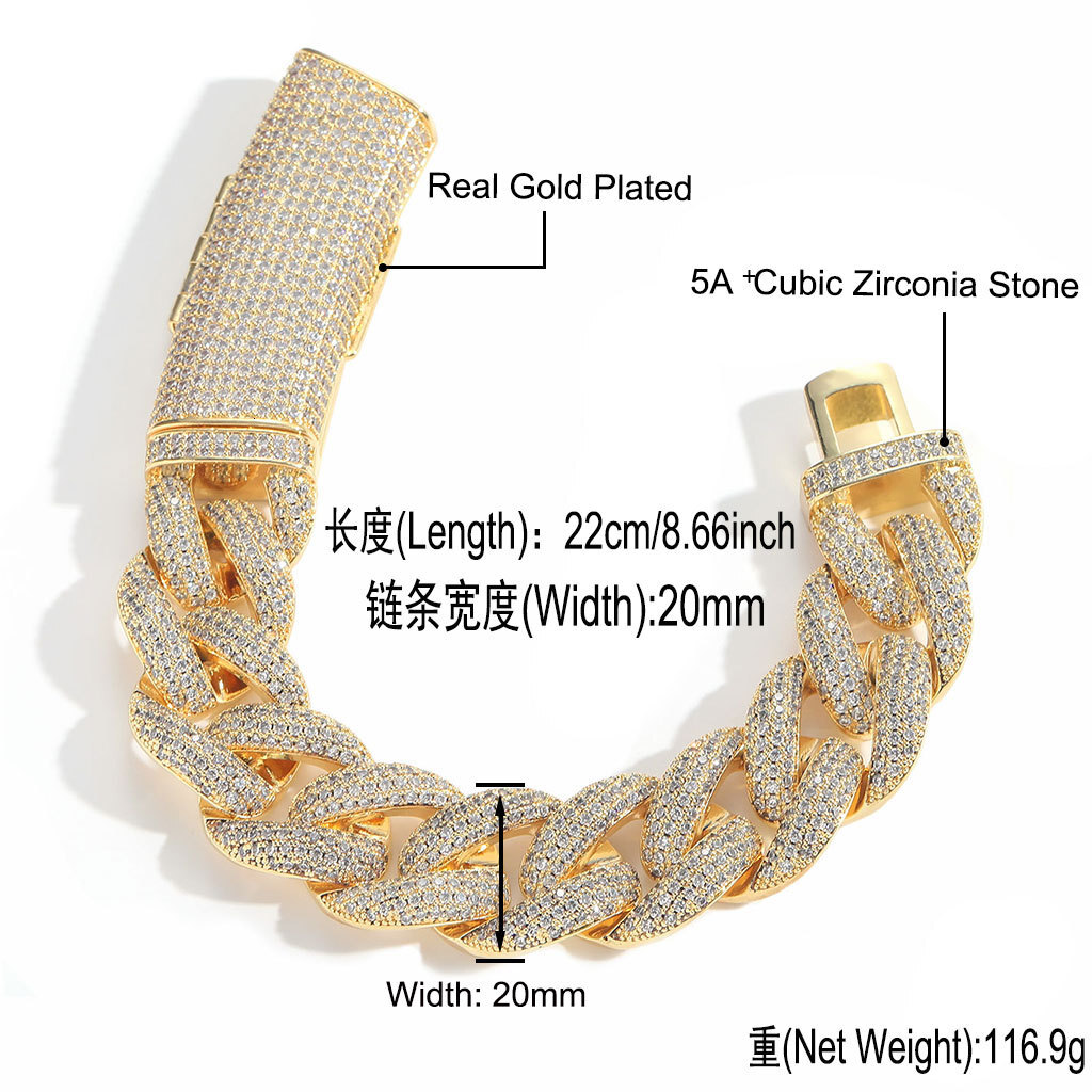 20mm Bling Chunky Hip Hop Cuban Link Bracelet With Long Buckle Diamond Rapper Chains Personalized Mens Iced Out Cubic Zirconia Wolf Tide Rapper Jewelr