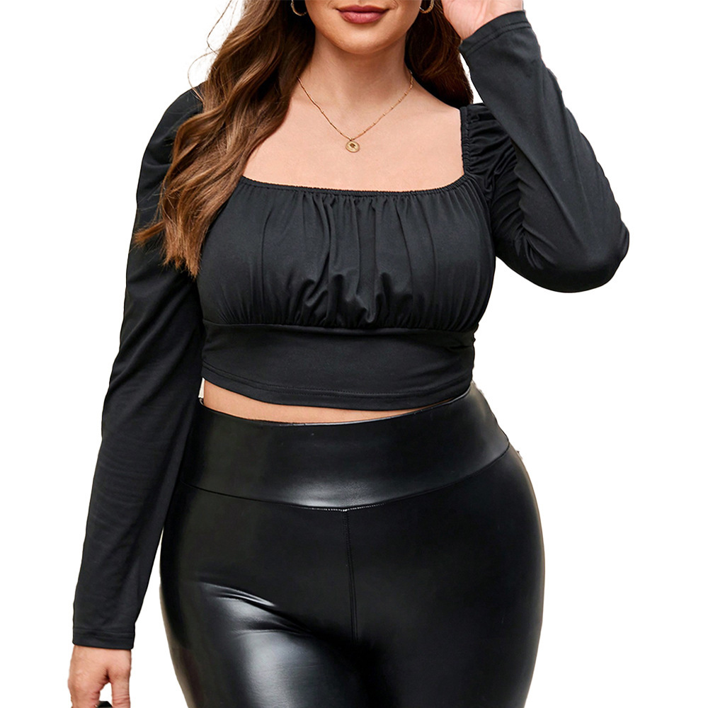 Large Size Womens Sexy Square Neck with Exposed Navel Fashion Short High Waisted Slim Fit Long Sleeved Top