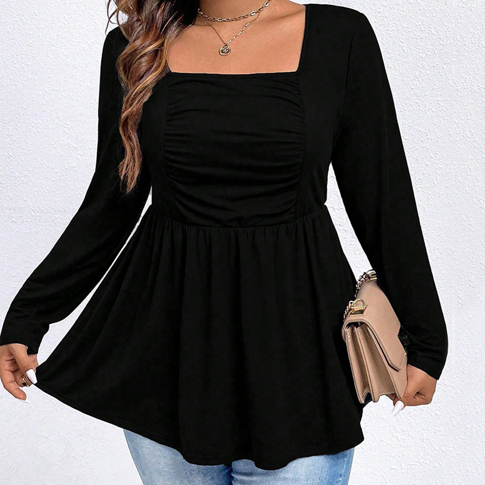Large Size Womens Square Neck Knitted Long Sleeved Shirt with Loose Waist and Slimming Effect Bubble Sleeves Solid Color Top
