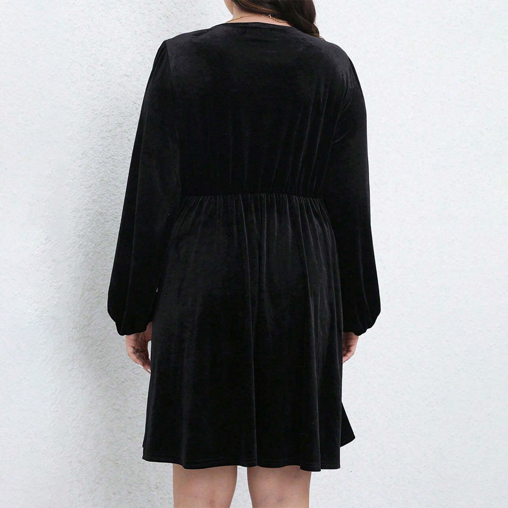 Plus Size Temperament Commuting Womens Lantern Sleeves Autumn and Winter Waist Cinched V-neck Feminine Design Sense Connected