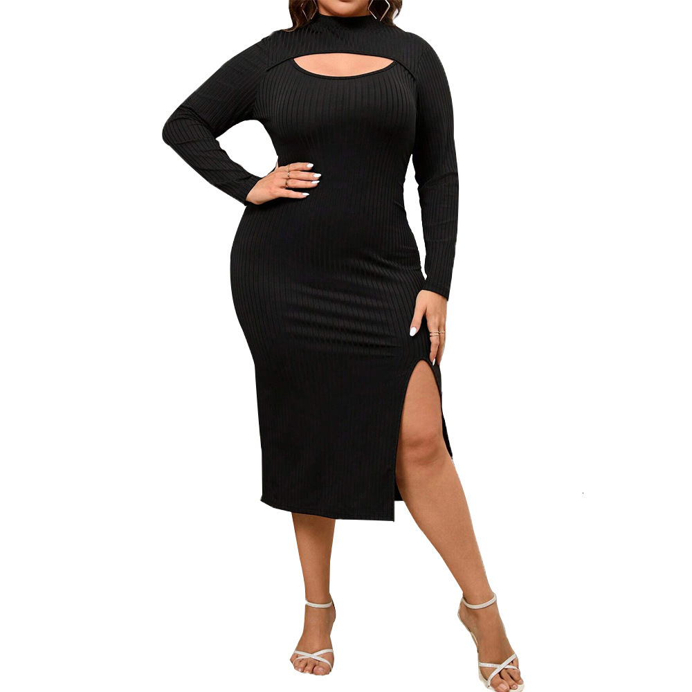Autumn and Winter New Plus Size Womens Sexy Hollow Out Slit Waist Bag Hip Long Sleeved Dress