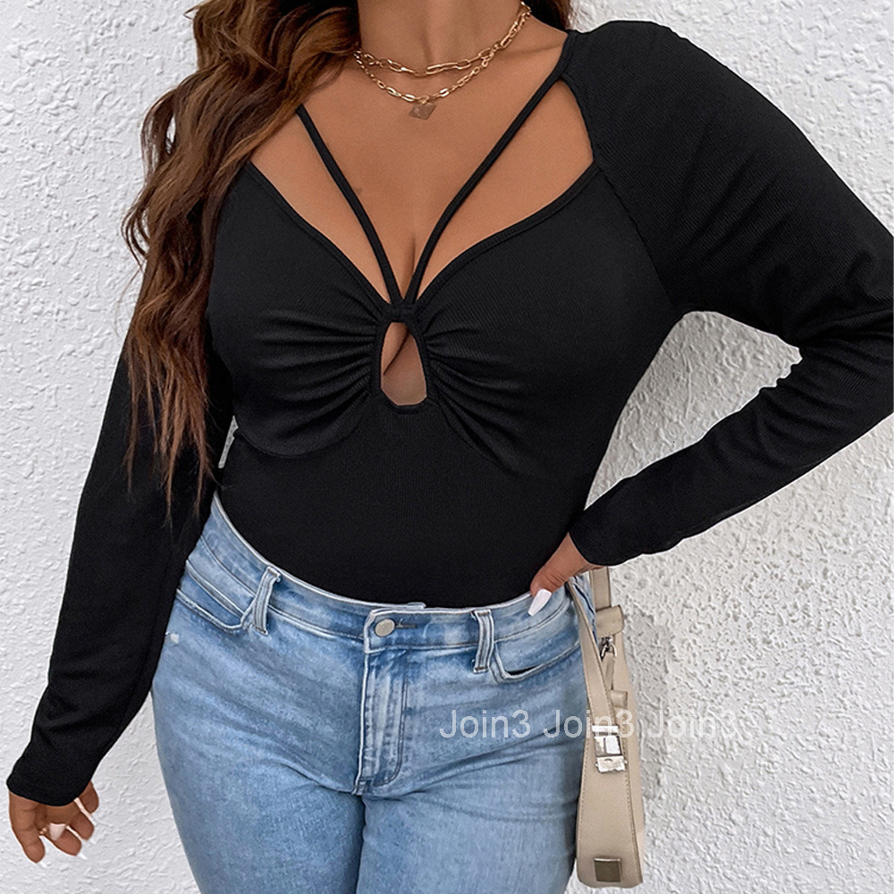 Large Size Womens Knitted Strap Pleated Hollow Long Sleeved T-shirt with Sexy Temperament Top