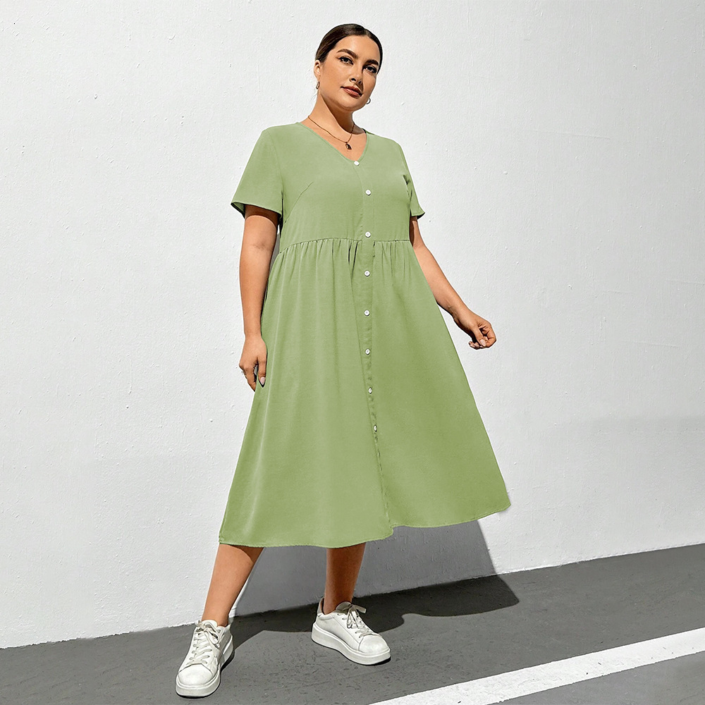 Spring/summer New V-neck Short Sleeve Knee Over Skirt Solid Color Loose High Waist Dress