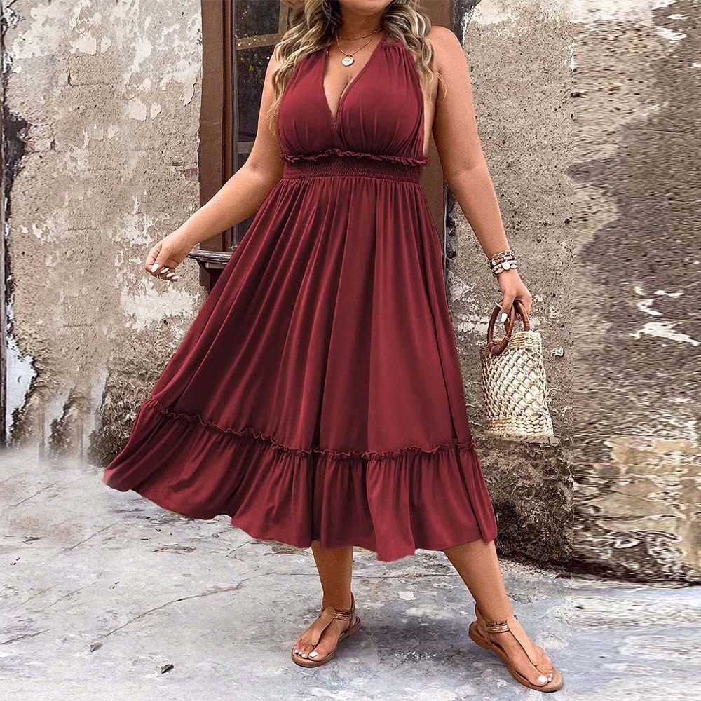 Plus Size Womens Roman Vacation Style Dress Summer New V-neck Hanging Neck Mid Length Skirt