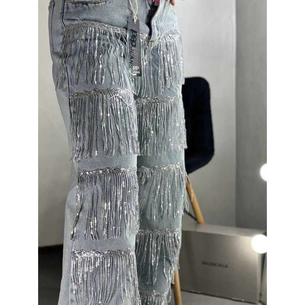 Fashion Sequined Tassel Women's New High Waist Straight Denim Pants Streetwear Hip Hop Blue Shiny Jeans Trousers