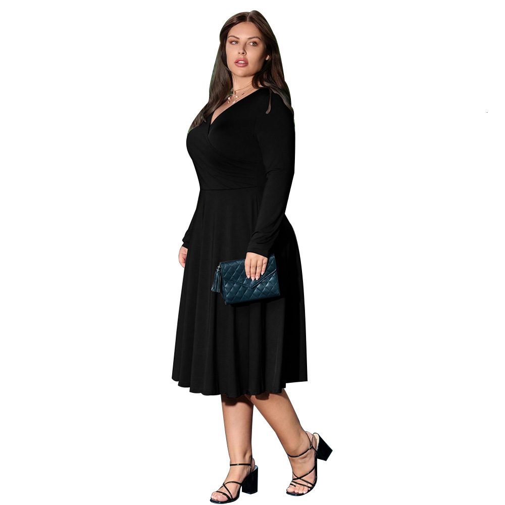 Large Size Womens Sexy V-neck Belly Covering Waist Cinching Slimming Long Sleeved Dress with Temperament Hepburn Black Dress