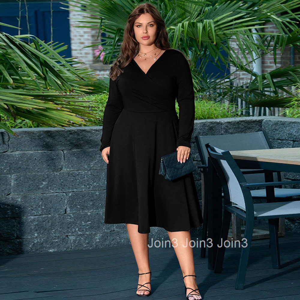 Large Size Womens Sexy V-neck Belly Covering Waist Cinching Slimming Long Sleeved Dress with Temperament Hepburn Black Dress