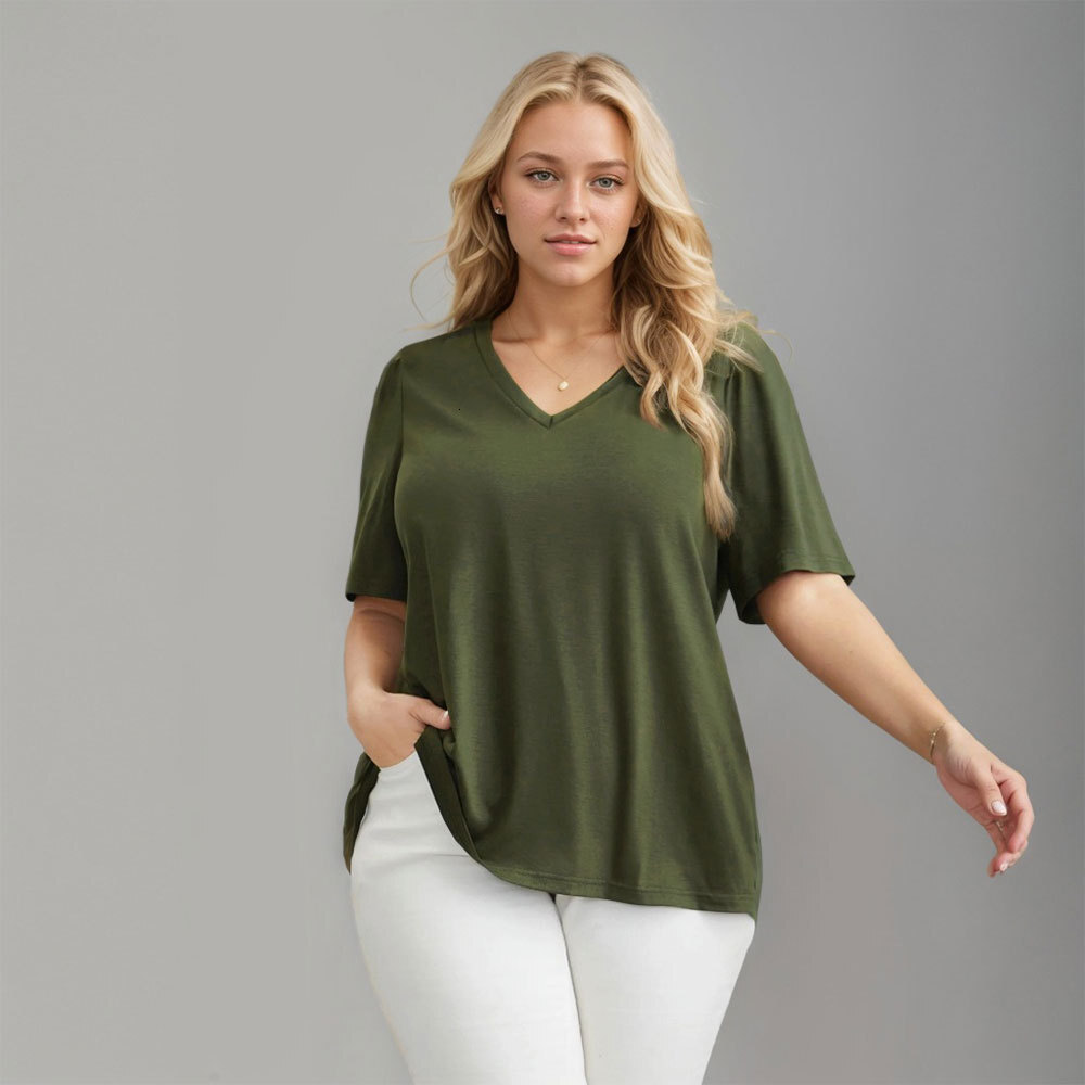 Womens 2025 Spring/summer New Solid Color V-neck Short Sleeved T-shirt for Women