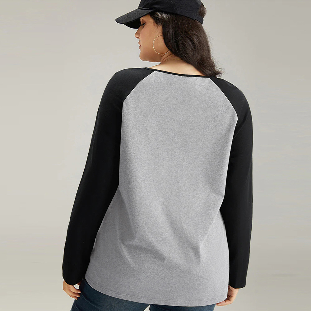 Large Size Womens Loose American Style Contrasting Splicing Design T-shirt Niche Casual Long Sleeved Top