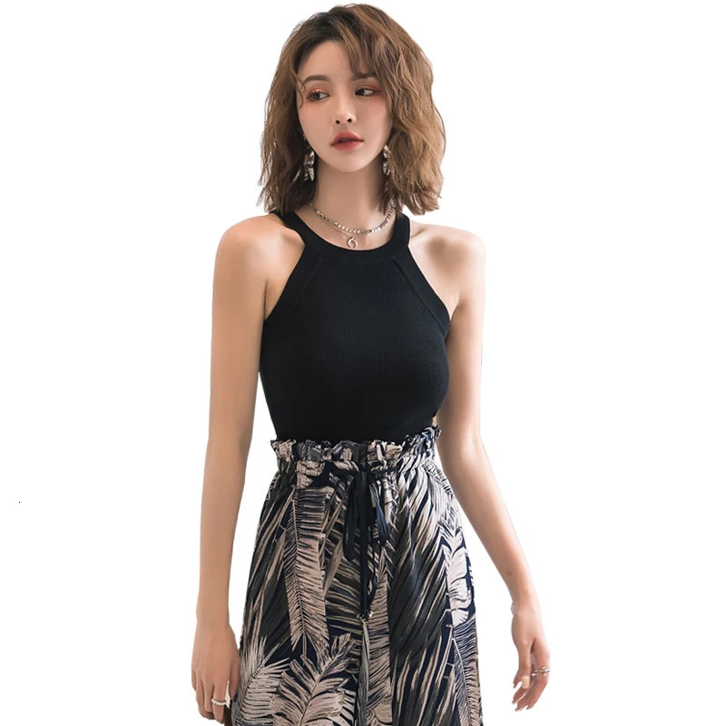 HELIAR Women Black Y2K Crop Tops Knitted Off Shoulder Tank Female ONeck Elastic Solid Elegant Top 2024 Summer 250506