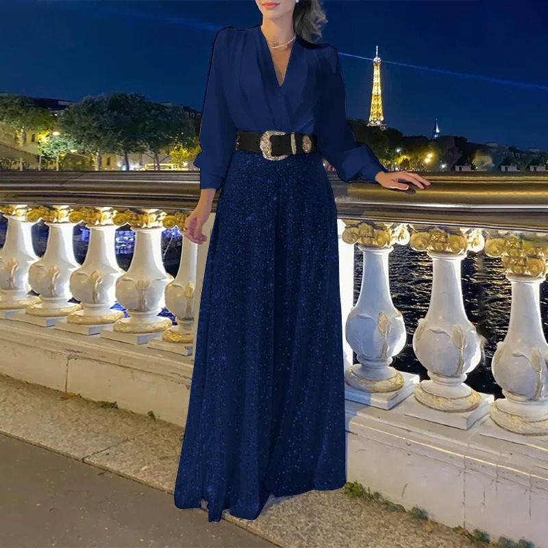 Plus-size fashionable V-neck long sleeve shirt temperament elegant sequins wide-legged onesie plus-size womens clothing 250515