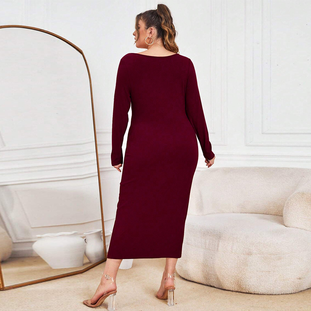 Large Size Womens Autumn and Winter New Slim Fit Bag Hip Knitted Skirt Sexy V-neck Long Dress
